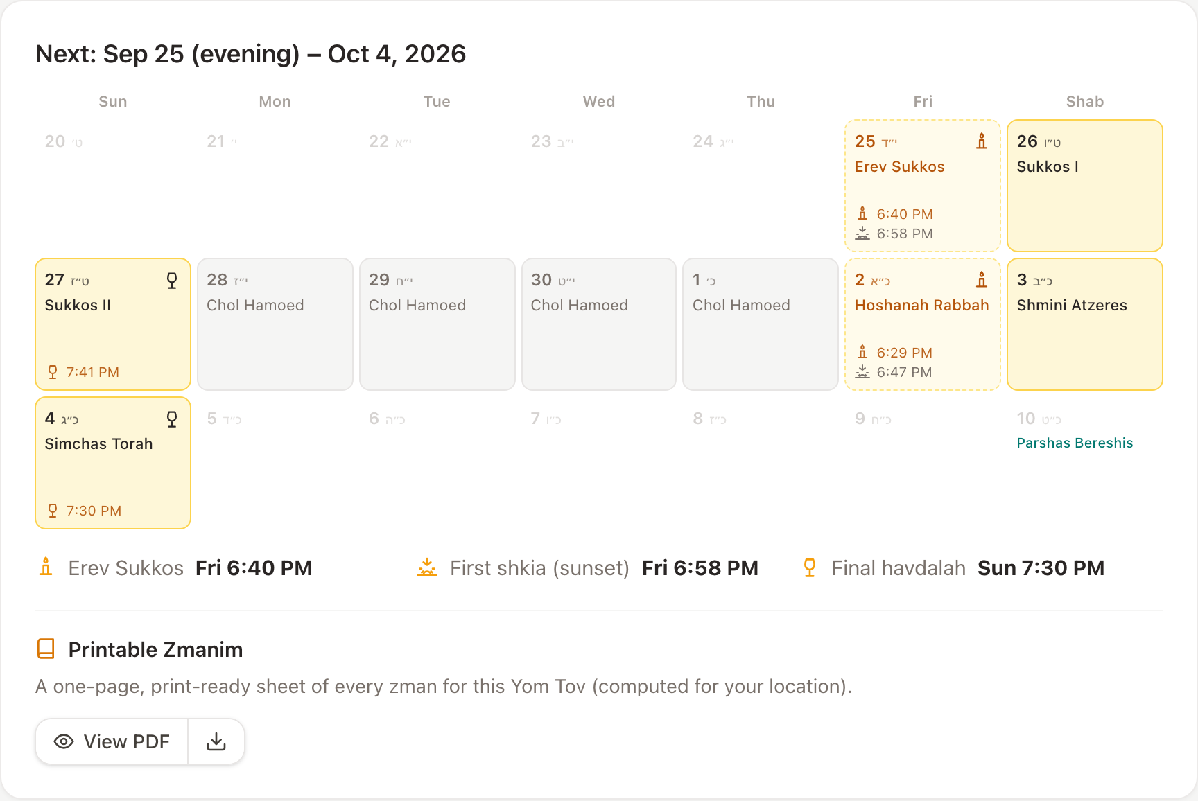 A Yom Tov overview page: mini-calendar, zmanim for each day, and the full schedule