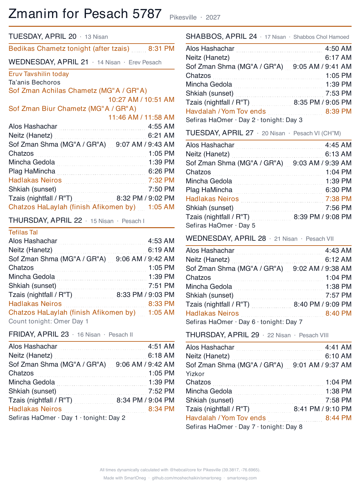 A printable one-page zmanim sheet for Pesach