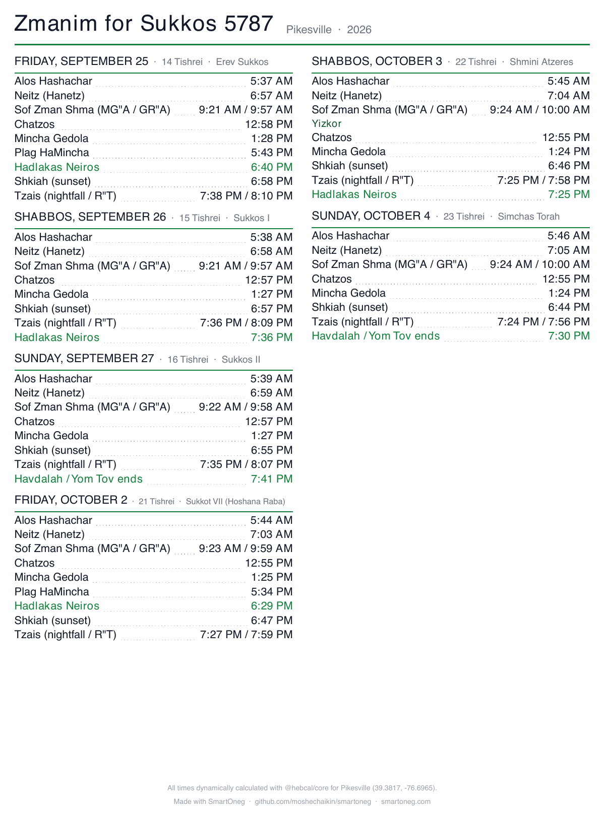 A printable one-page zmanim sheet for Sukkos